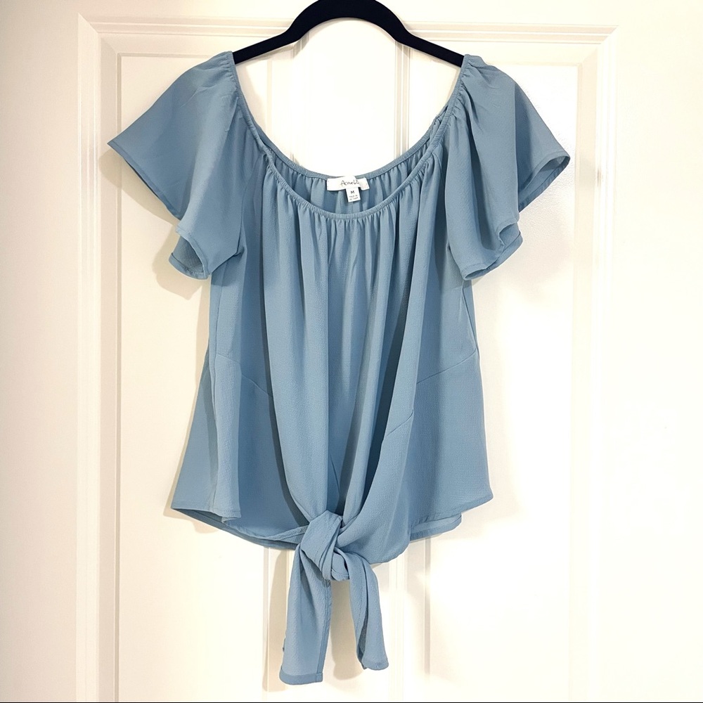 Light Blue Off-The-Shoulder Chiffon Blouse